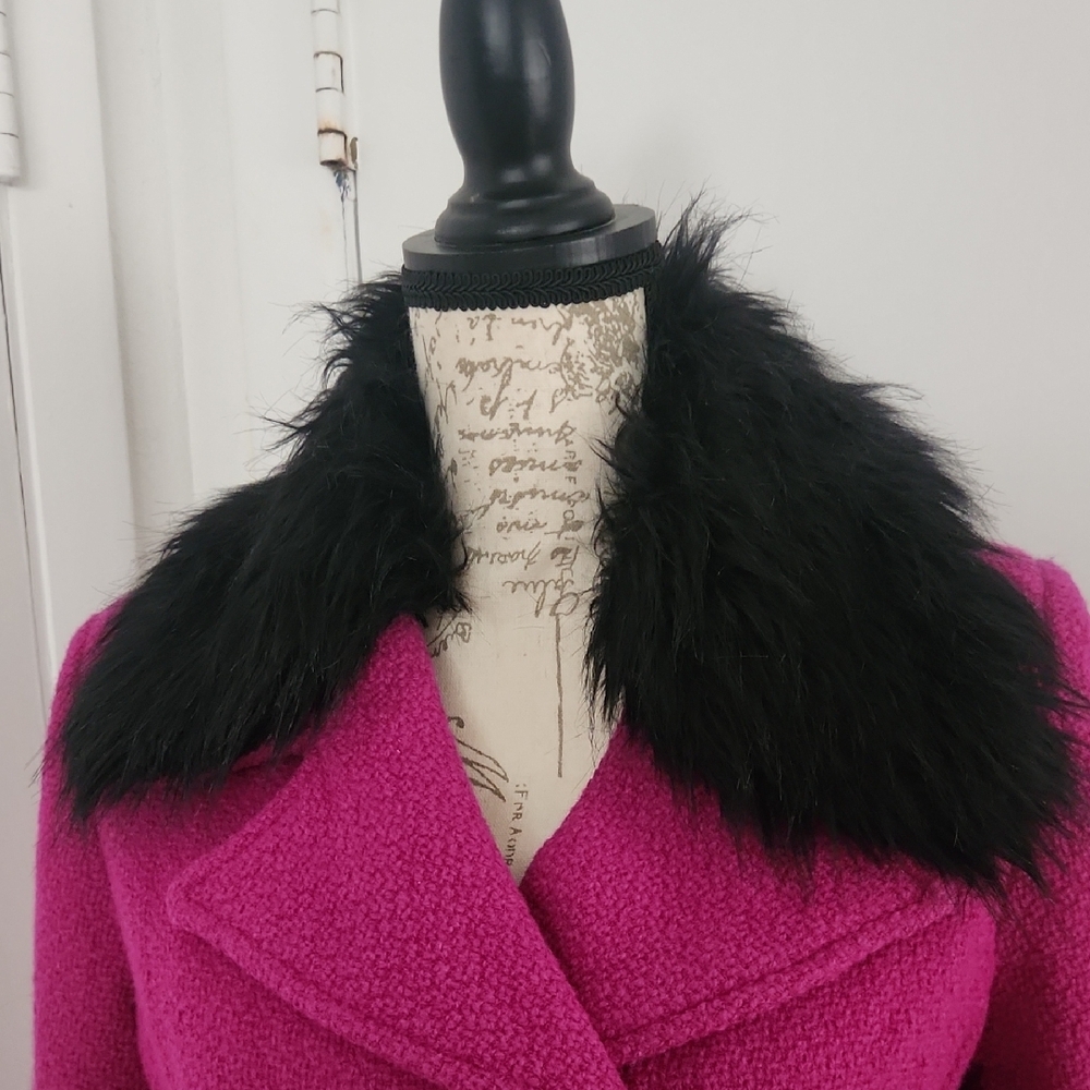 Bagatelle Fuchsia Double-Breasted Pea Coat with Removeable Black Faux Fur Collar - Picture 2 of 13